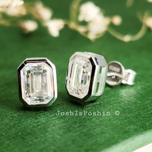 Moissanite emerald shape bezel stud earrings in sterling silver